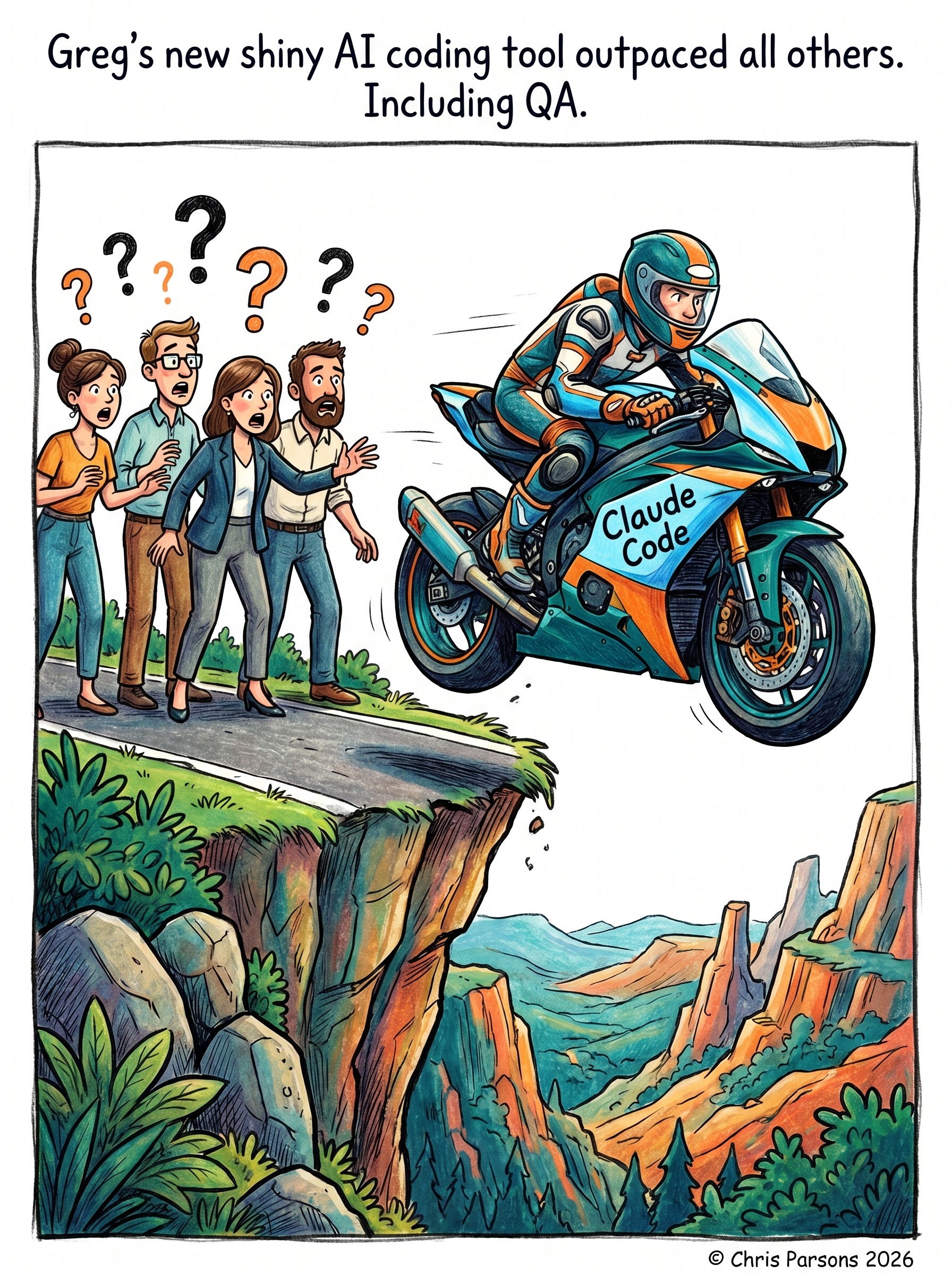 Greg AI Coding Tool Outpaced All Others Including QA — a comic by Chris Parsons.