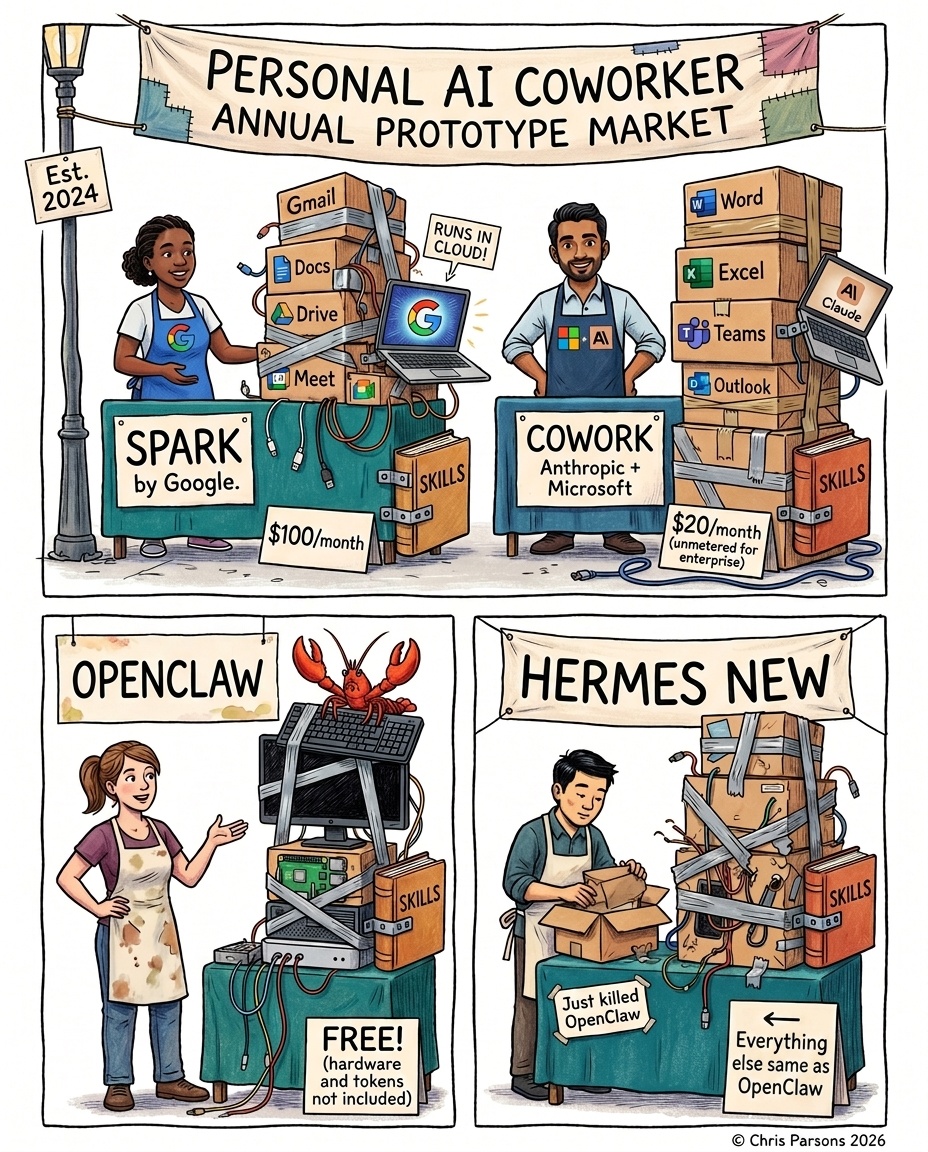 Four-panel comic titled 'Personal AI Coworker Annual Prototype Market'. Top-left: Spark by Google, a stall labelled Est. 2024 selling a stack of Gmail, Docs, Drive and Meet plus 'Skills', $100 a month, with a badge saying 'runs in cloud!'. Top-right: Cowork (Anthropic and Microsoft), Word, Excel, Teams and Outlook plus Claude and 'Skills', $20 a month. Bottom-left: OpenClaw, a hand-built rig with a lobster on top, 'Skills', free, hardware and tokens not included. Bottom-right: Hermes New, a slightly tatty stall with signs reading 'Just killed OpenClaw' and 'Everything else same as OpenClaw'.
