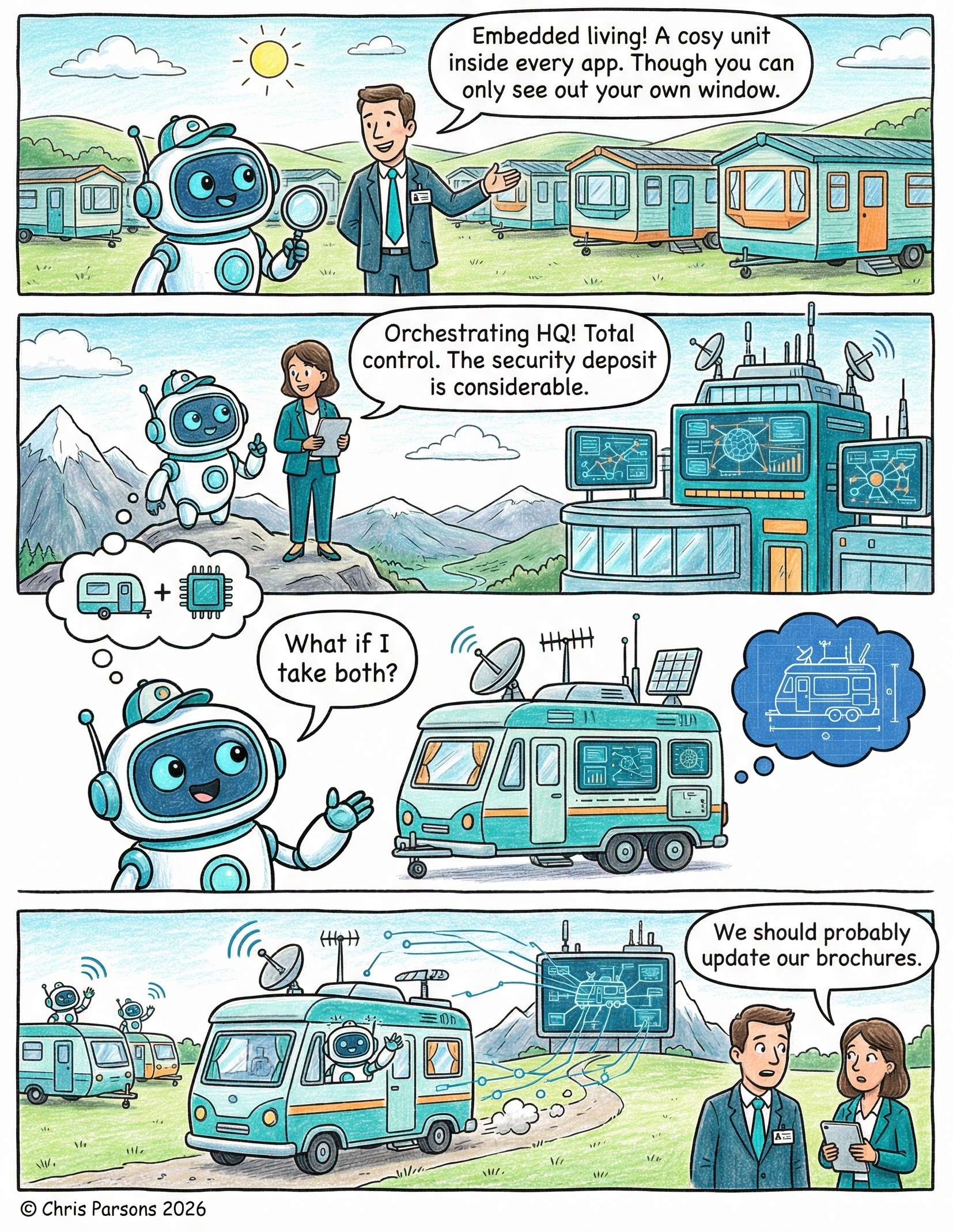 Comic of an AI house-hunting: embedded living inside an app, orchestrating from headquarters, or living in a mobile RV. Two estate agents at the end conclude they should probably update the brochures.