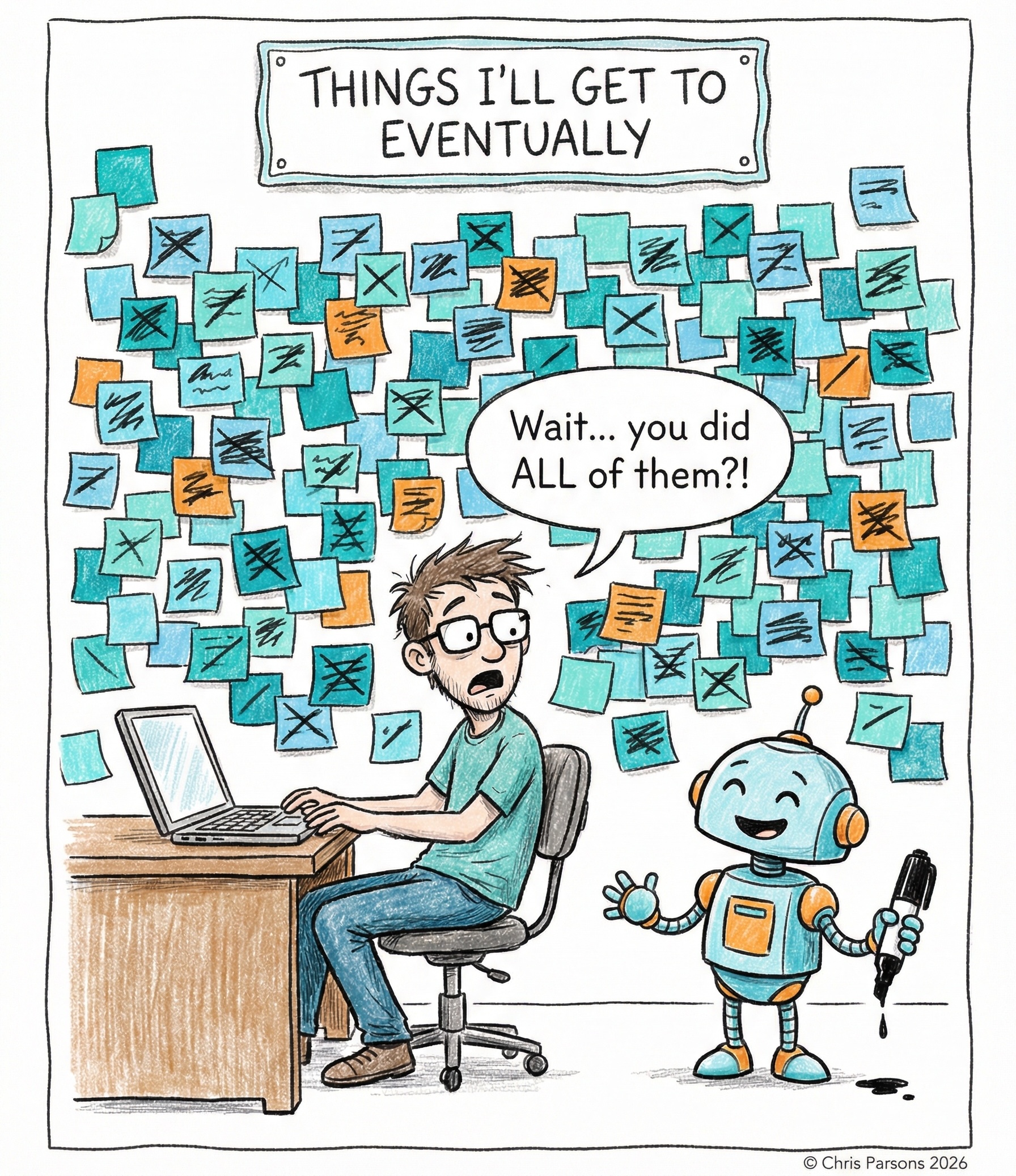 Man at laptop staring at hundreds of ticked-off sticky notes; small robot beside him holding a marker says 'Wait, you did ALL of them?!' The AI dream of closing every open loop.